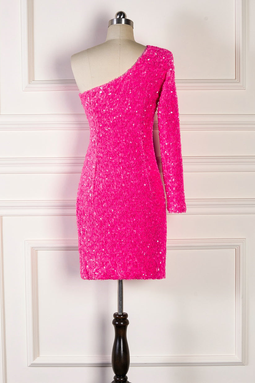 Luolandi Shiny One Shoulder Sequin Homecoming Dresses With Long Sleeve Short Dress
