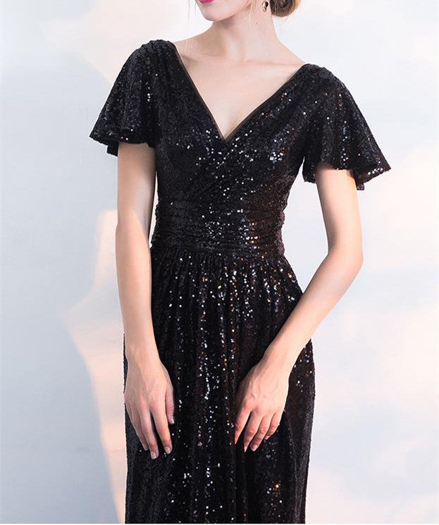 Luolandi Shiny Short Sleeves Black V Neck Sequins Mermaid Floor Length Prom Dresses With Pleats Evening Dresses