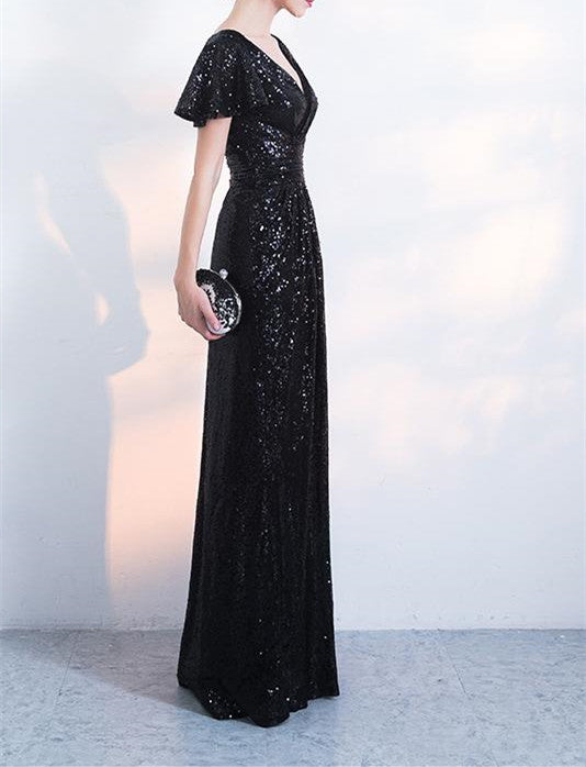 Luolandi Shiny Short Sleeves Black V Neck Sequins Mermaid Floor Length Prom Dresses With Pleats Evening Dresses