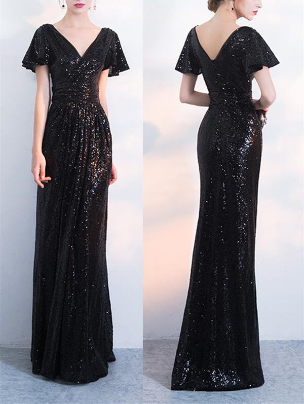 Luolandi Shiny Short Sleeves Black V Neck Sequins Mermaid Floor Length Prom Dresses With Pleats Evening Dresses