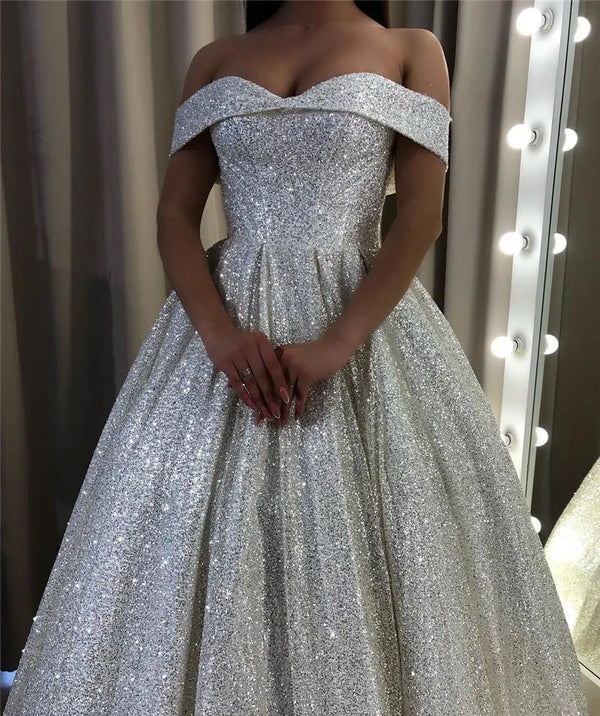 Luolandi Shiny Silver Sequin A-Line Wedding Dresses Off the Shoulder Evening Dress