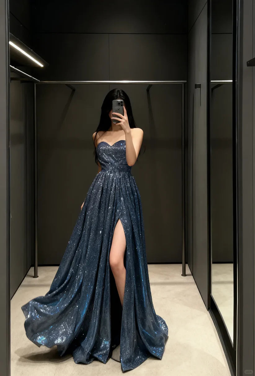 Luolandi Shiny A Line Sweetheart Strapless Long Formal Prom Dress Elegant Party Evening Gowns With Slit