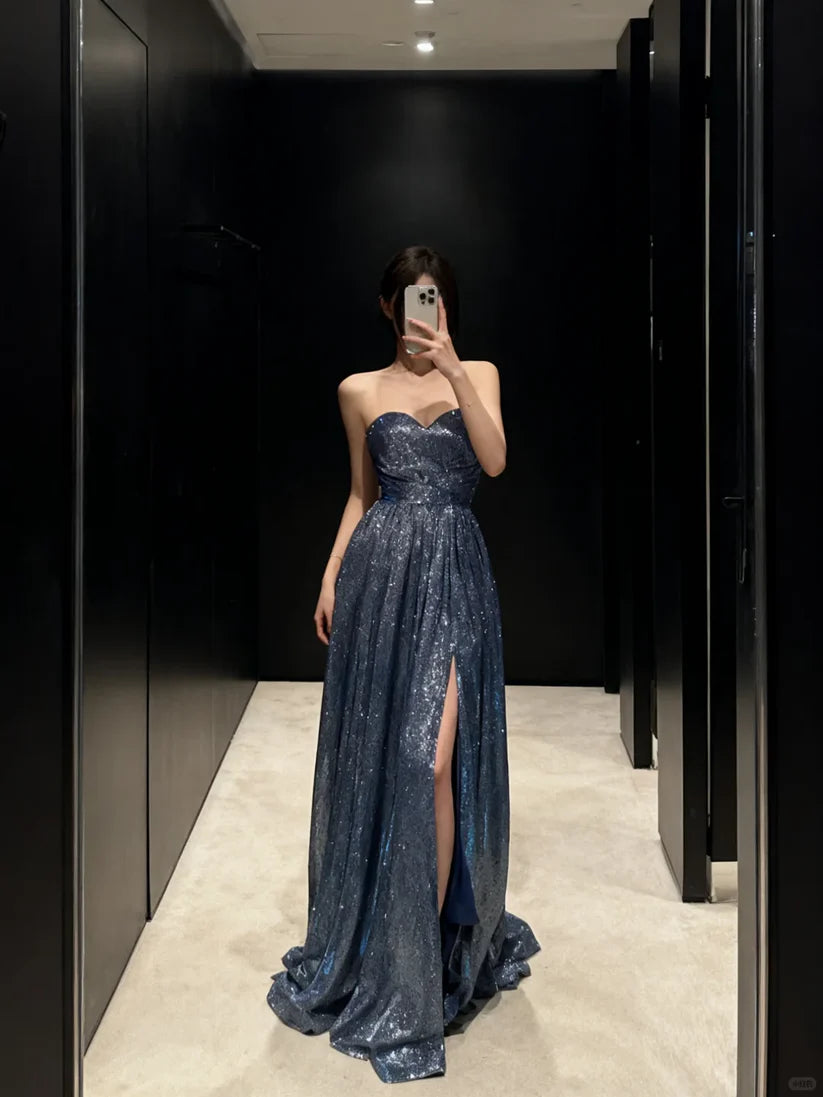 Luolandi Shiny A Line Sweetheart Strapless Long Formal Prom Dress Elegant Party Evening Gowns With Slit