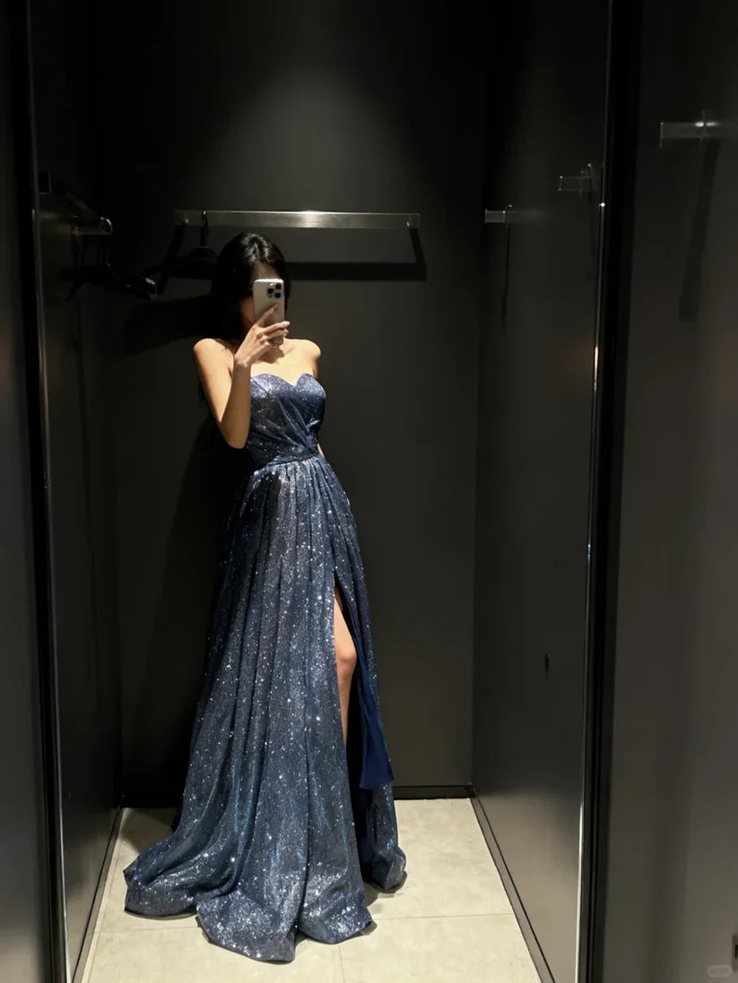 Luolandi Shiny A Line Sweetheart Strapless Long Formal Prom Dress Elegant Party Evening Gowns With Slit