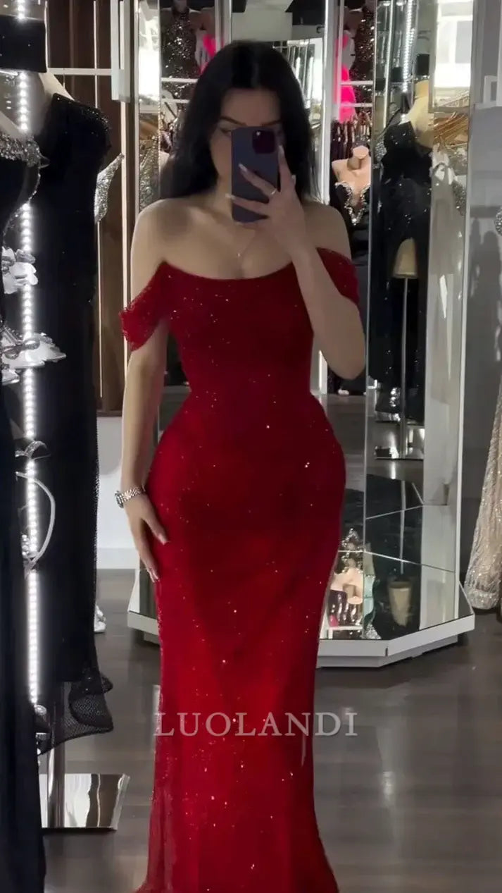 Luolandi Shiny Mermaid Off The Shoulder Long Formal Prom Dress Fashion Party Evening Gowns Charming Wedding Guest Dress