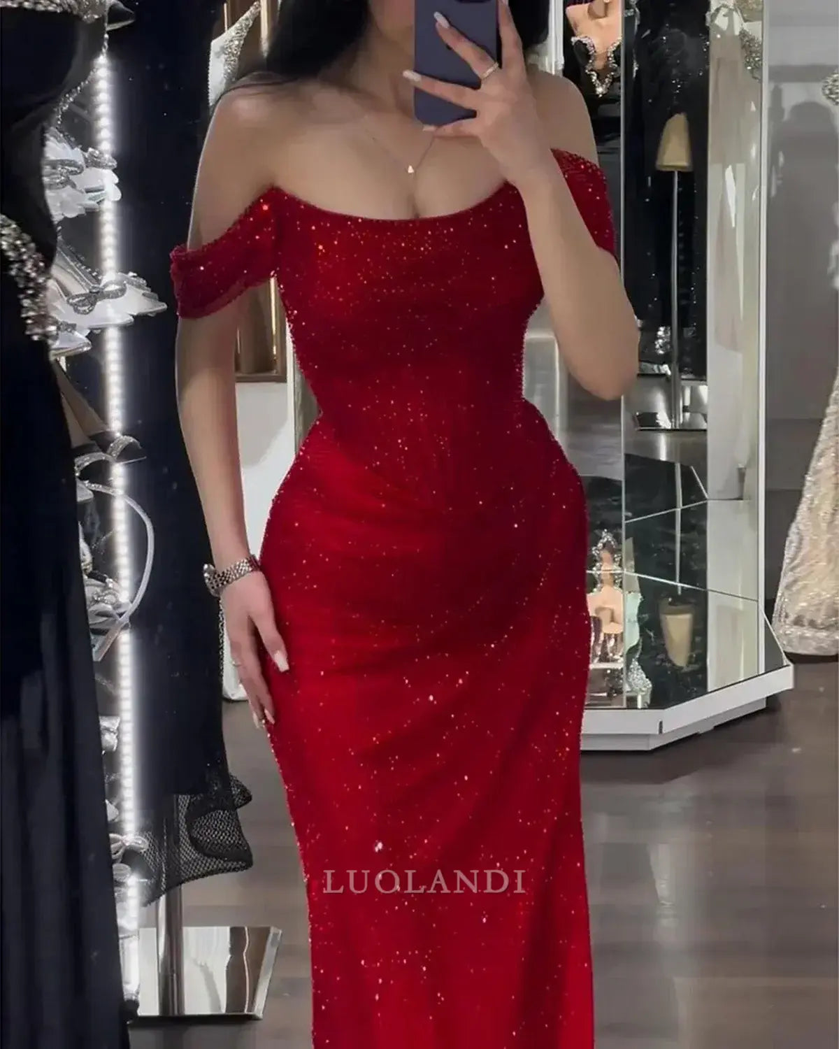 Luolandi Shiny Mermaid Off The Shoulder Long Formal Prom Dress Fashion Party Evening Gowns Charming Wedding Guest Dress
