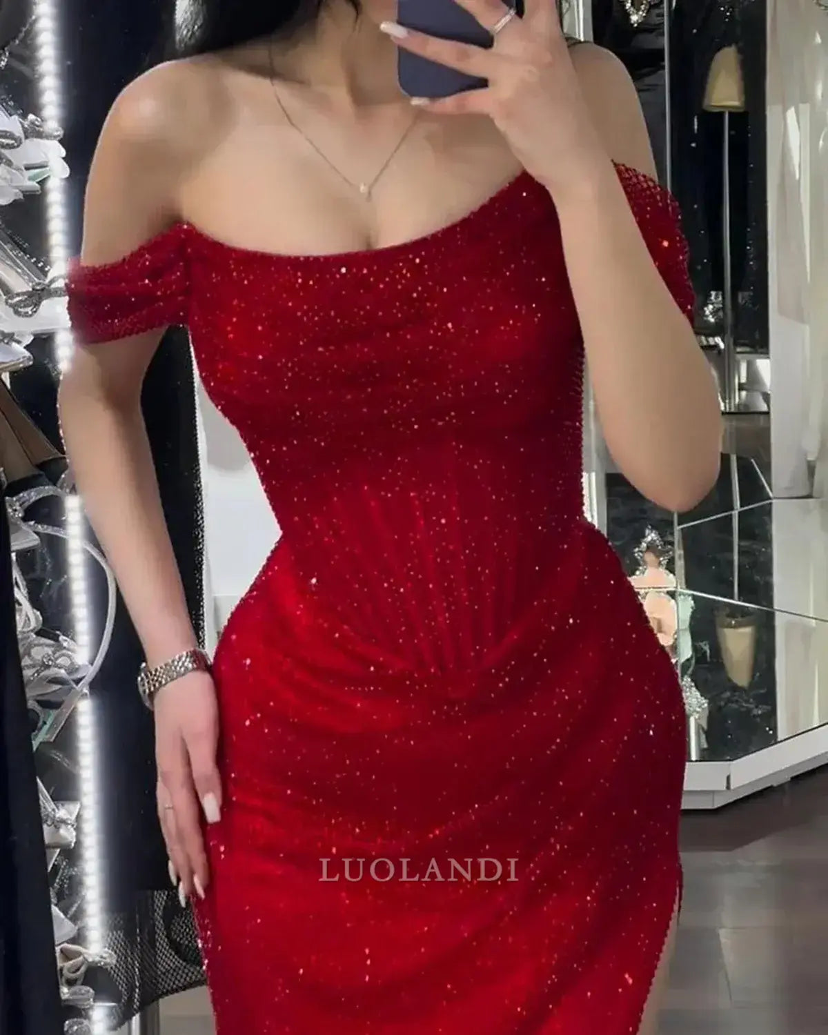 Luolandi Shiny Mermaid Off The Shoulder Long Formal Prom Dress Fashion Party Evening Gowns Charming Wedding Guest Dress