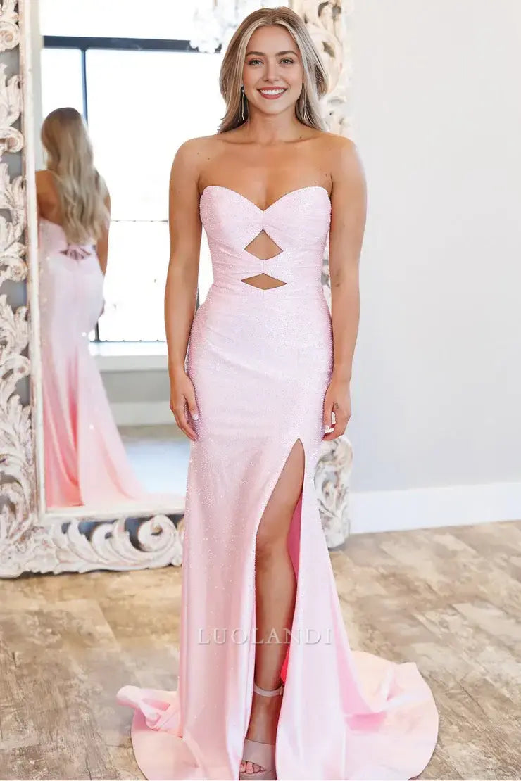 Luolandi Shiny Mermaid Sweetheart Strapless Keyhole Sleeveless Beaded Long Prom Dresses with Slit Sexy Party Evening Gowns Charming Formal Graduation Dress