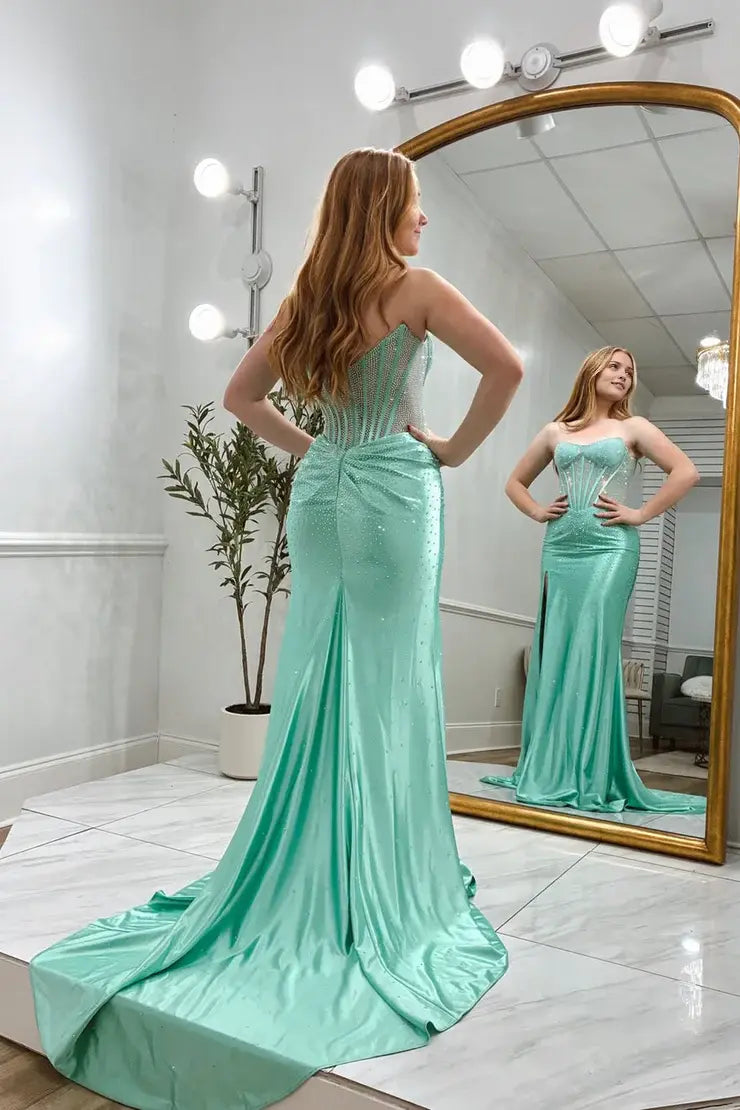 Luolandi Shiny Mermaid Strapless Sleeveless Beaded Long Formal Prom Dresses with Slit Sexy Party Evening Gowns Charming Graduation Dress
