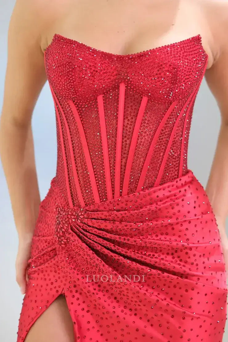 Luolandi Shiny Mermaid Strapless Sleeveless Beaded Long Prom Dresses with Slit Sexy Party Evening Gowns Charming Formal Graduation Dress