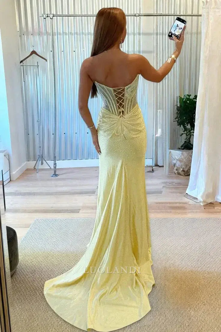 Luolandi Shiny Mermaid Strapless Sleeveless Beaded Yellow Long Prom Dresses with Slit Sexy Party Evening Gowns Charming Formal Graduation Dress