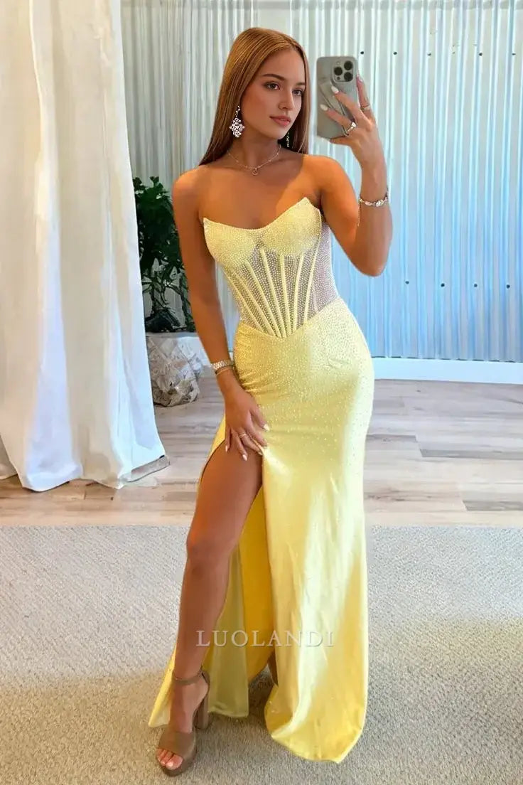 Luolandi Shiny Mermaid Strapless Sleeveless Beaded Yellow Long Prom Dresses with Slit Sexy Party Evening Gowns Charming Formal Graduation Dress