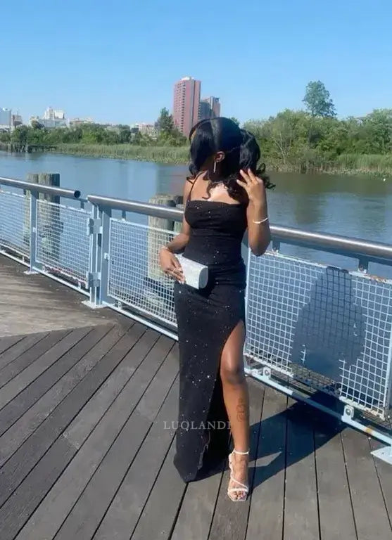 Luolandi Shiny Sheath Sleeveless Long Formal Prom Dress Charming Evening Party Dress With Slit