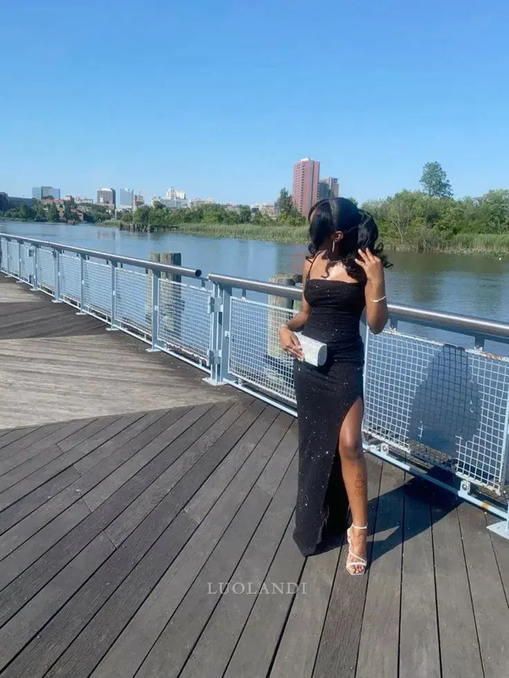 Luolandi Shiny Sheath Sleeveless Long Formal Prom Dress Charming Evening Party Dress With Slit