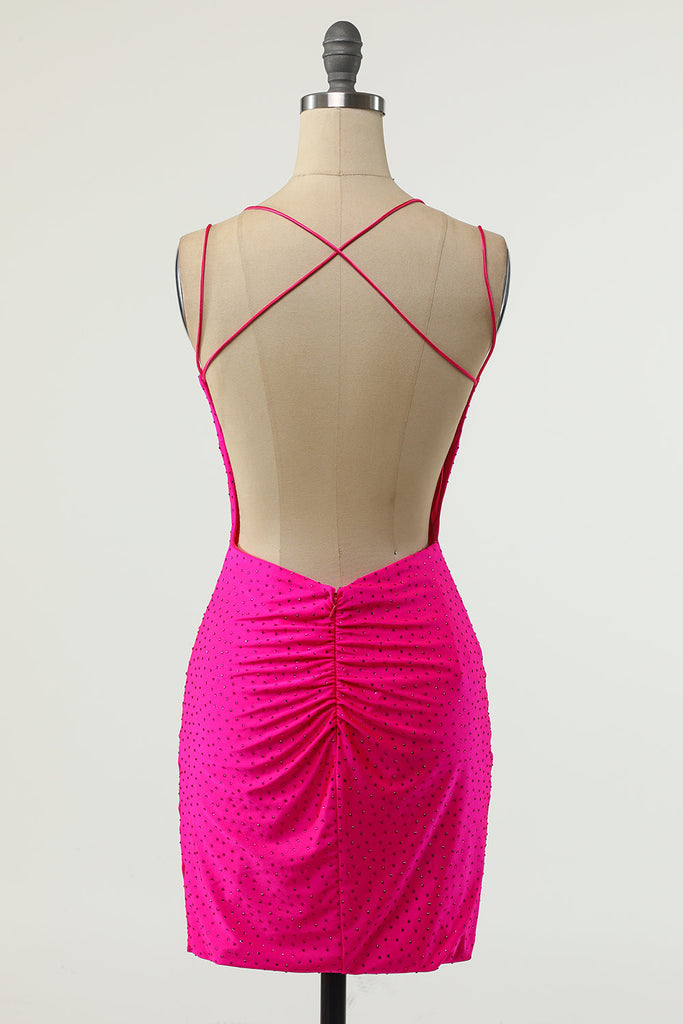 Luolandi Sexy V-Neck Sleeveless Short Backless Fuchsia Prom/Homecoming Dress with Sequins Off Shoulder