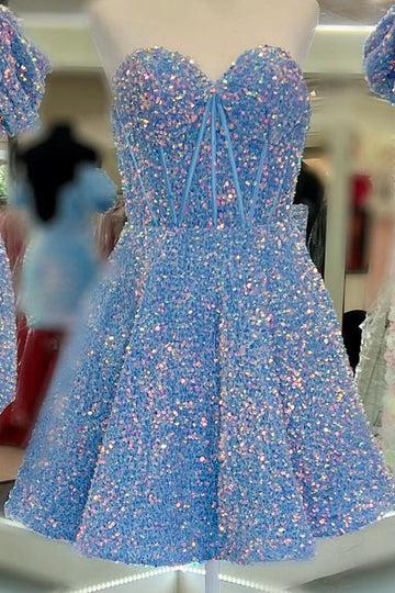 Luolandi Pretty Sequin Sweetheart Short Homecoming Dress Cute Strapless Dress For Teens Sparkly