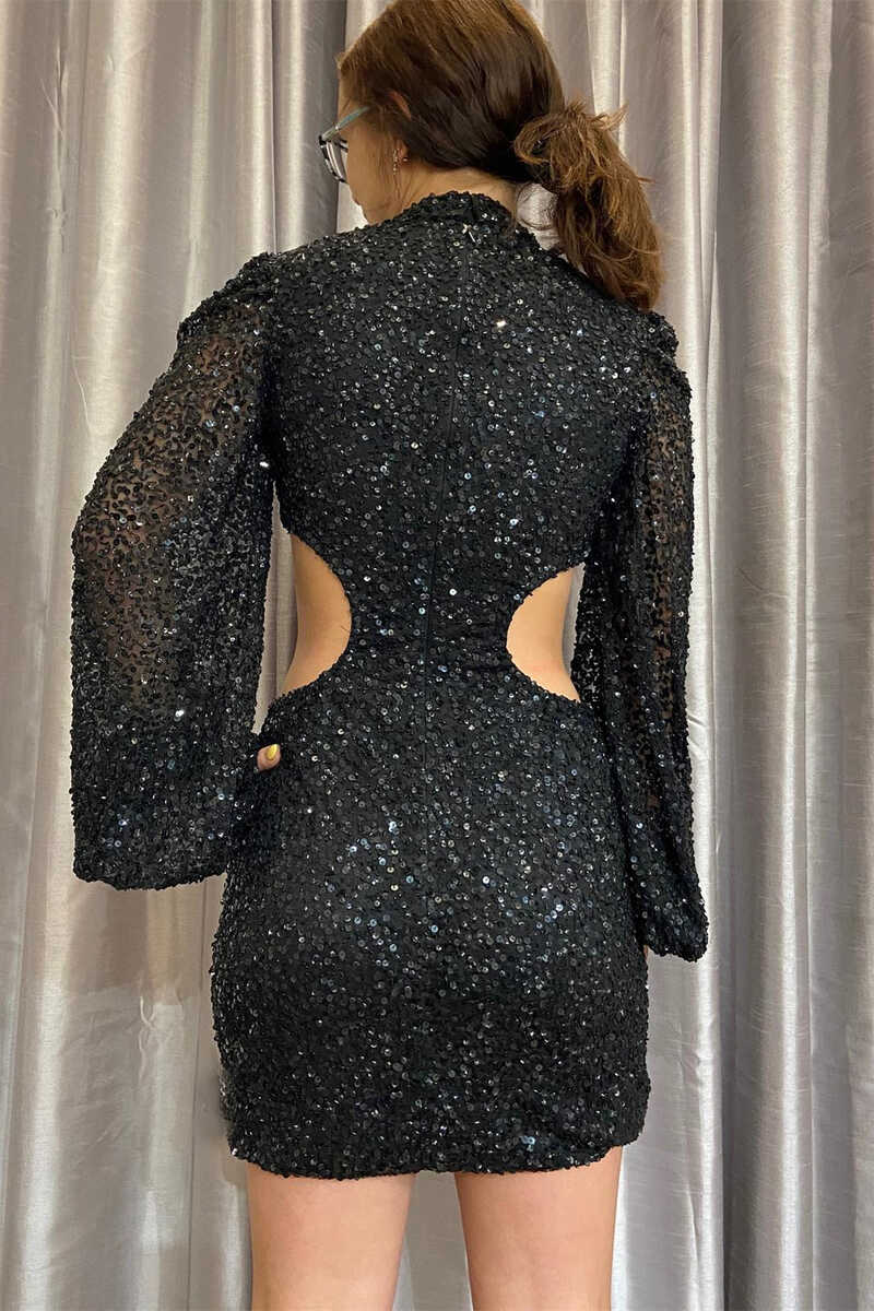 Luolandi Short Homecoming Dresses Sheath High Neck Zipper Back Sequin Long Sleeves Sparkly Party Dress
