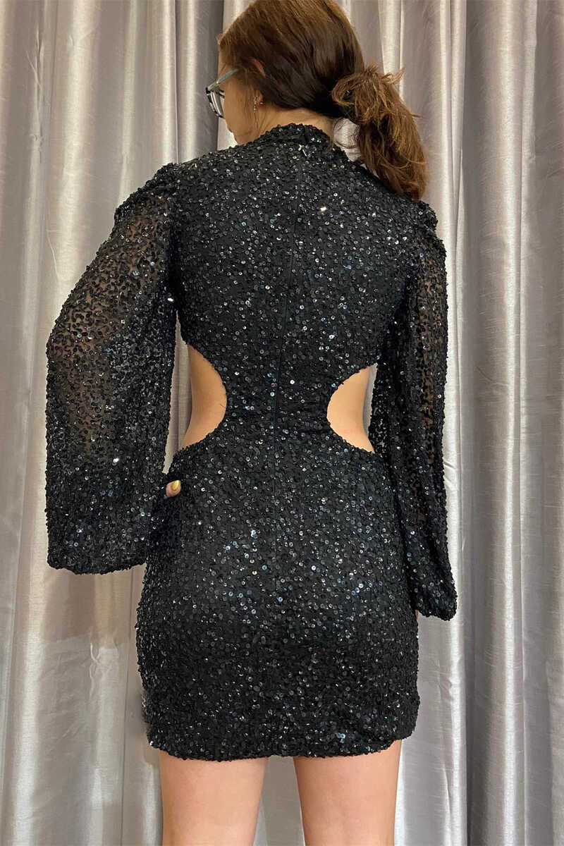 Short Homecoming Dresses Sheath High Neck Zipper Back Sequin Long Sleeves Sparkly