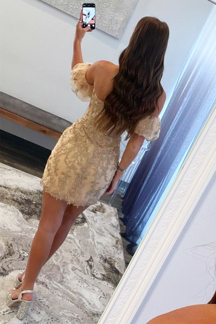 Luolandi Bodycon Strapless Applique Lace Short/Mini Homecoming Dresses With Detachable Sleeves Off Shoulder