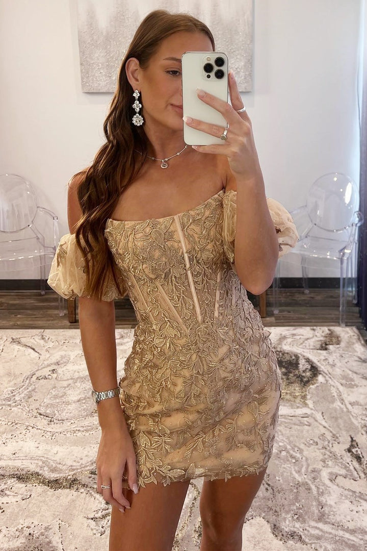 Luolandi Bodycon Strapless Applique Lace Short/Mini Homecoming Dresses With Detachable Sleeves Off Shoulder