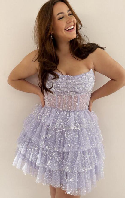A Line Strapless Short/Mini Tulle Tiered Homecoming Dresses With Ruffles Sparkly