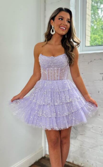 Luolandi A Line Strapless Short/Mini Tulle Tiered Homecoming Dresses With Ruffles Sparkly