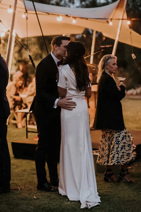 Luolandi Sheath Engaged Noivas Wedding Dresses With Slit Short Sleeve Floor Length Simple