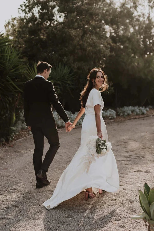 Luolandi Sheath Engaged Noivas Wedding Dresses With Slit Short Sleeve Floor Length Simple