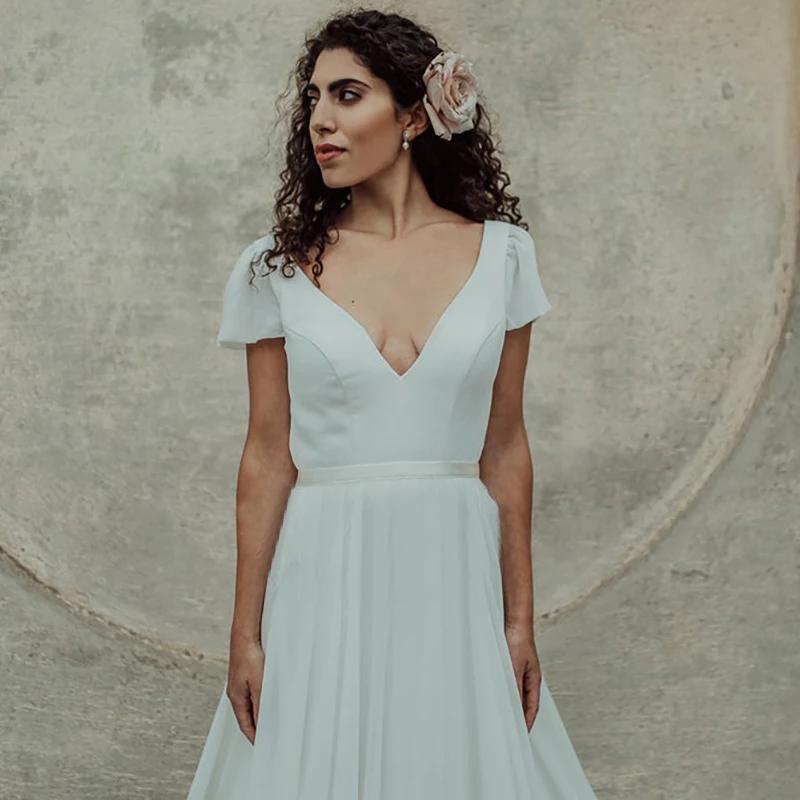 Luolandi V Neck A Line Short Sleeves Simple Wedding Dresses Long Bridal Gowns Sexy