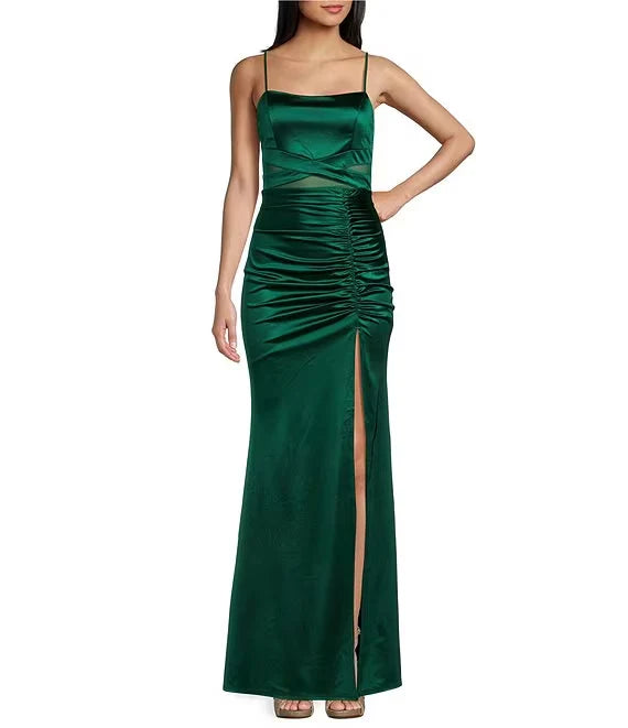 Luolandi Parallel crepe seam side slit long evening dress Floor Length Dark Green