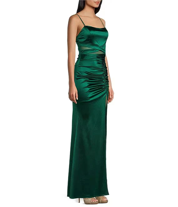 Luolandi Parallel crepe seam side slit long evening dress Floor Length Dark Green
