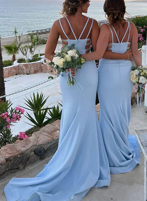 Luolandi Sheath/Column Spaghetti Straps Floor-length Long Bridesmaid Dresses Sweep/Brush Train Dresses Party Dress