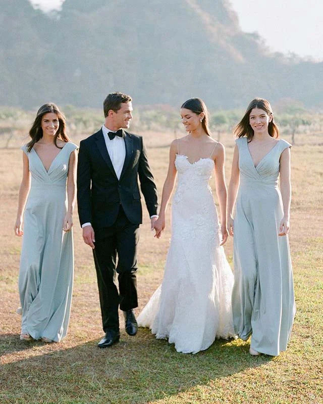 Luolandi Simple A Line Chiffon V Neck Blue Sleeveless Long Bridesmaid Dresses Elegant Evening Party Dress