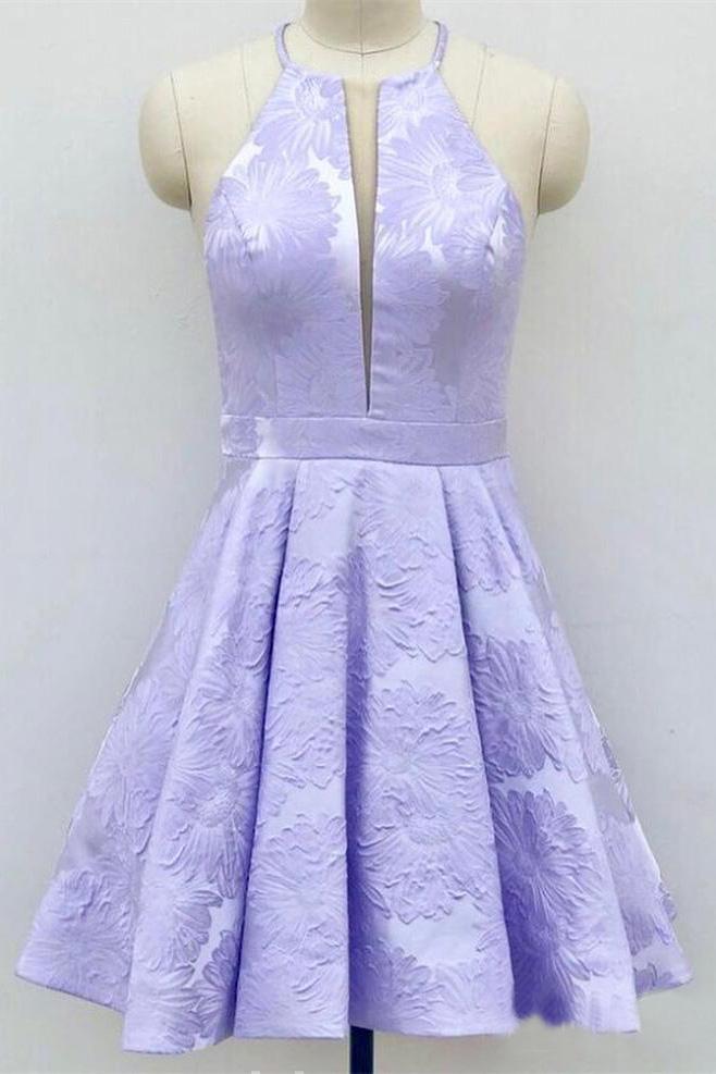 Simple Lilac Jacquard Floral Homecoming Dresses with Pocket Halter Graduation Dresses Beautiful