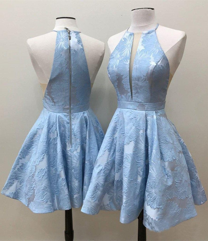 Luolandi Simple Lilac A Line Sleeveless Jacquard Floral Homecoming Dresses Halter Graduation Dresses Beautiful