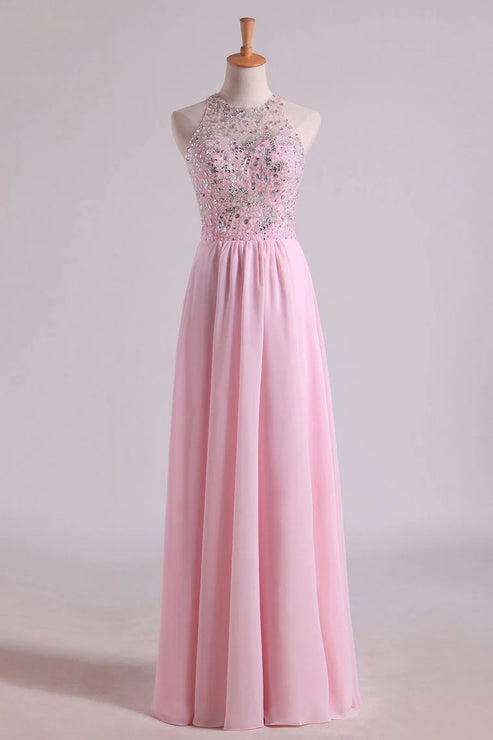 Luolandi Party Dresses Scoop A Line Chiffon With Beading Floor Length Sparkly Evening Dress