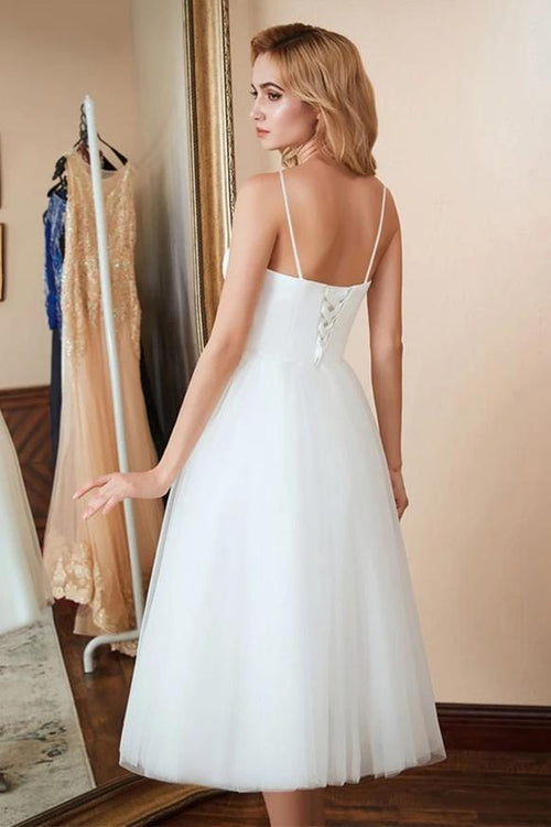 Luolandi A-Line Spaghetti Straps Satin Tulle Tea-Length Wedding Dresses Beautiful