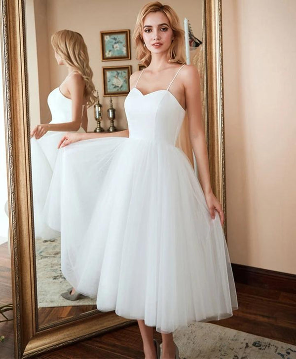 Luolandi A-Line Spaghetti Straps Satin Tulle Tea-Length Wedding Dresses Beautiful