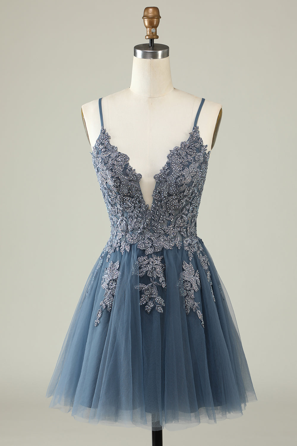 Luolandi Simple Spaghetti Straps Tulle Vintage Homecoming Dress with Lace Appliques Beautiful