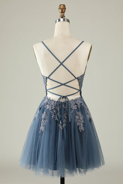 Simple Spaghetti Straps Tulle Vintage Homecoming Dress with Lace Appliques Beautiful