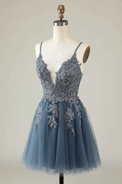 Simple Spaghetti Straps Tulle Vintage Homecoming Dress with Lace Appliques Beautiful