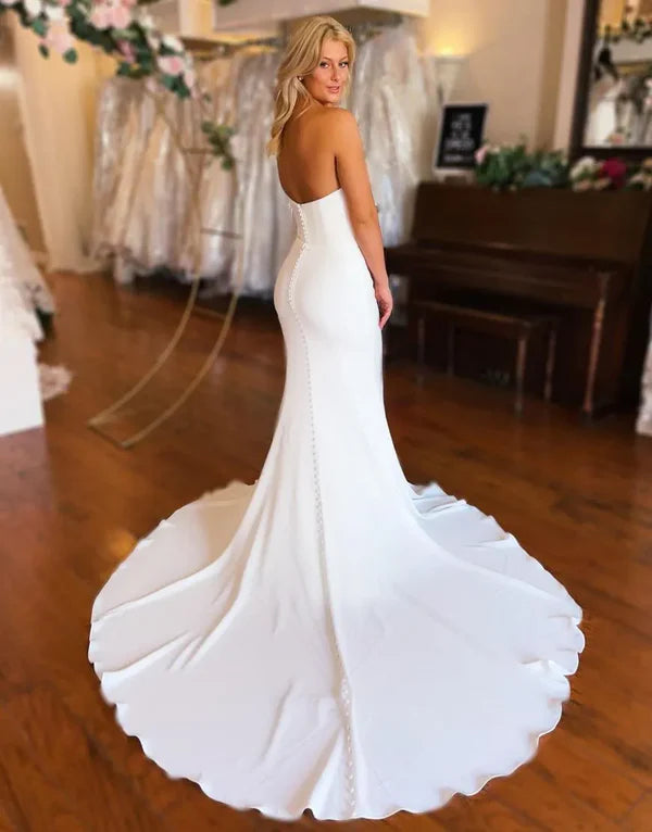 Luolandi Simple Mermaid Strapless Satin Court Train Wedding Dress Off Shoulder Sexy