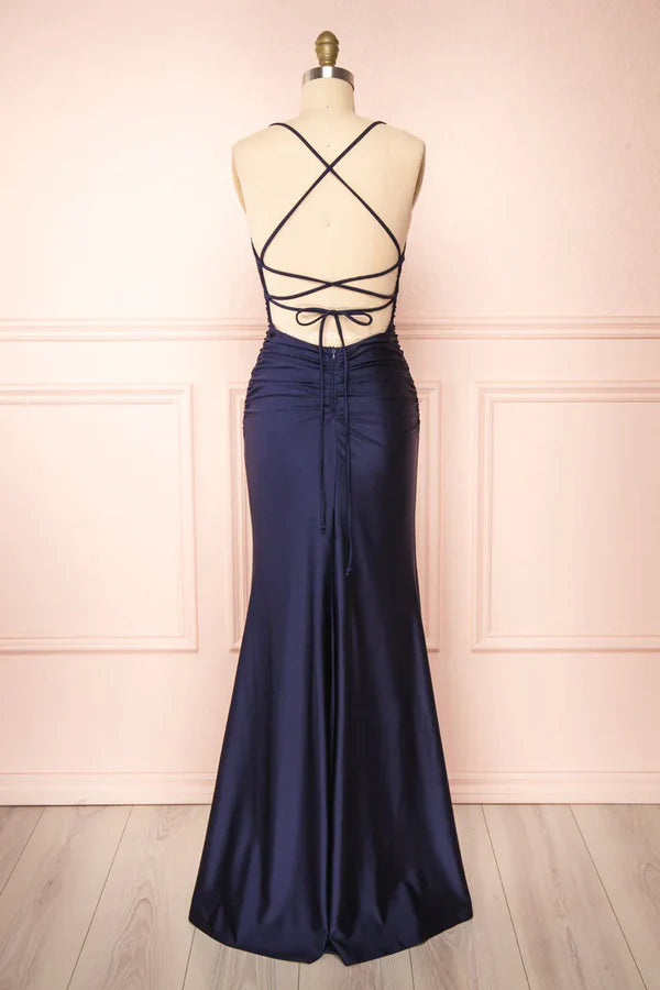 Luolandi Dress Simple Navy Blue Mermaid Prom Dress Long Satin Evening Gown Party Dress With Slit