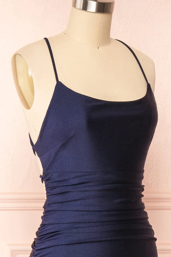 Luolandi Dress Simple Navy Blue Mermaid Prom Dress Long Satin Evening Gown Party Dress With Slit