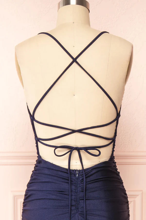 Luolandi Dress Simple Navy Blue Mermaid Prom Dress Long Satin Evening Gown Party Dress With Slit