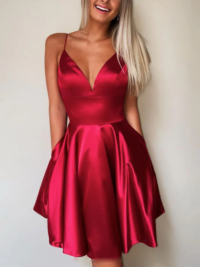 Luolandi Simple A Line Spaghetti Straps Blue Satin Short Homecoming Dress Classy Sleeveless Graduation Party Dress