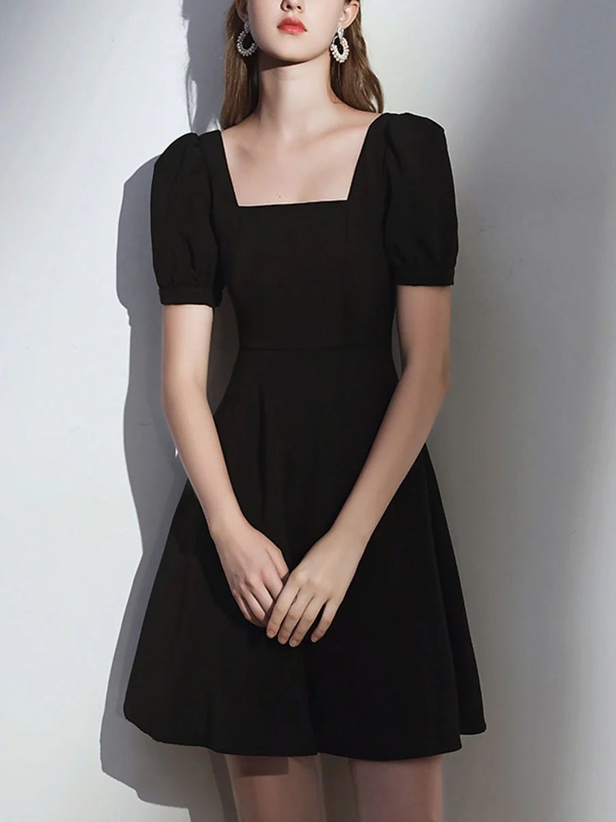 Luolandi Simple Black A Line Short Sleeves Homecoming Dress Elegant Graduation Party Dress
