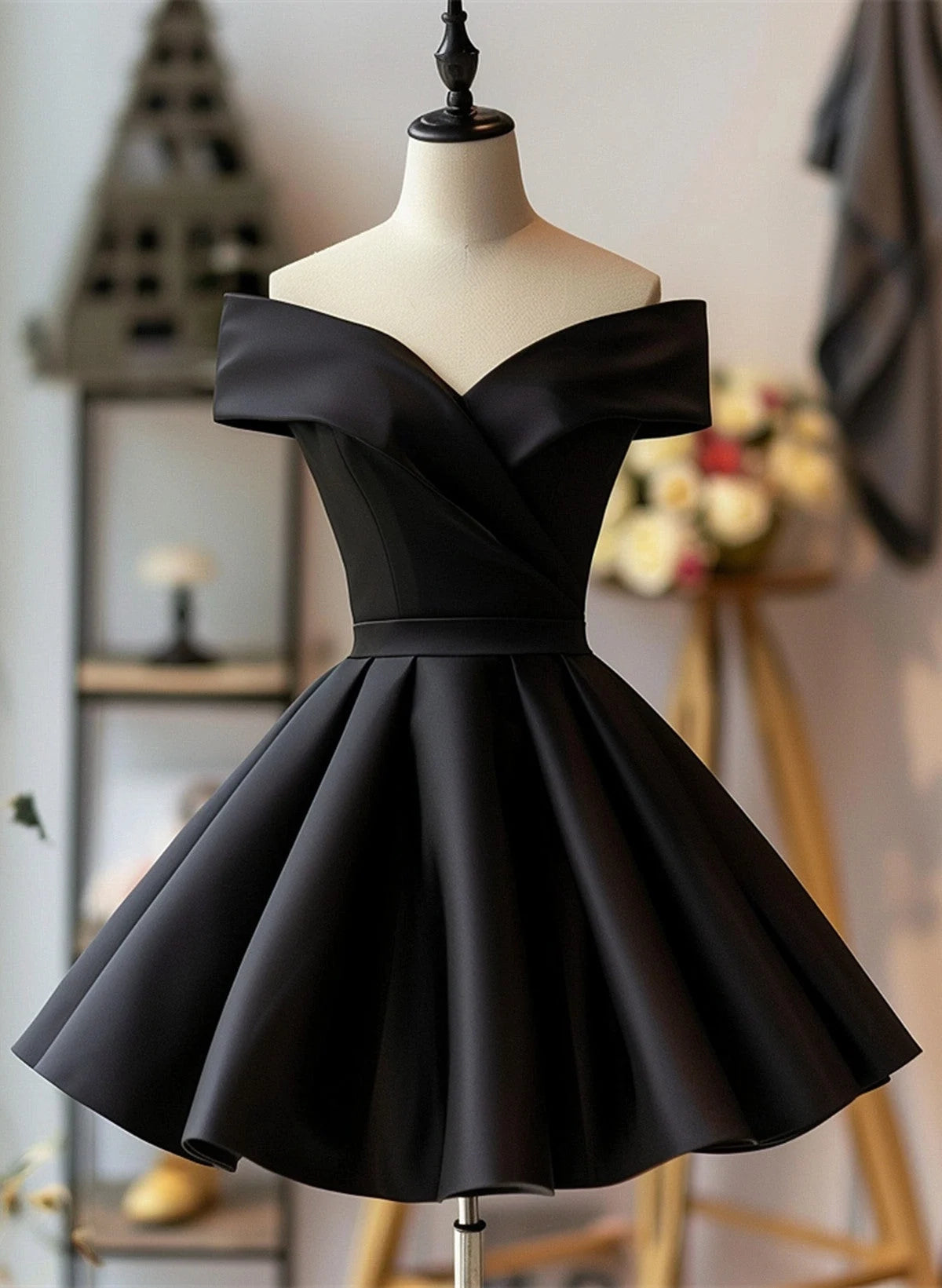Luolandi Simple Black Off the Shoulder A Line Short Homecoming Dress Elegant Graduation Party Dress
