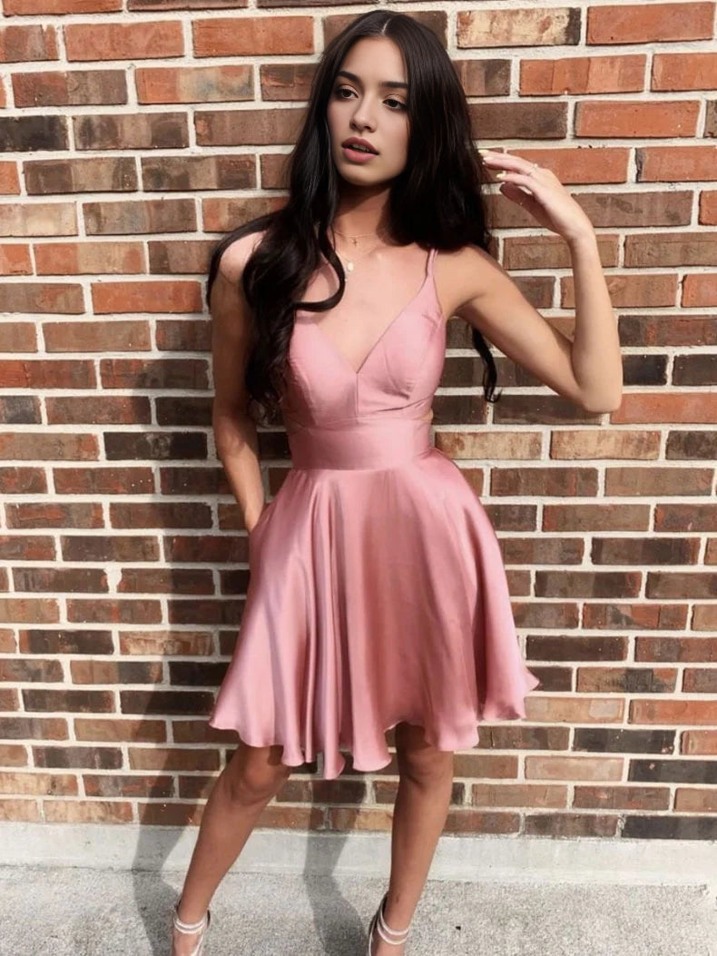 Luolandi Simple V-neck A Line Spaghetti Straps Short Homecoming Dress Classy Sleeveless Graduation Party Dress