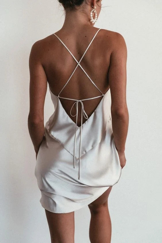 Luolandi Simple V Neck Spaghetti Straps Satin Short Homecoming Dresses Fashion Summer Party Dress